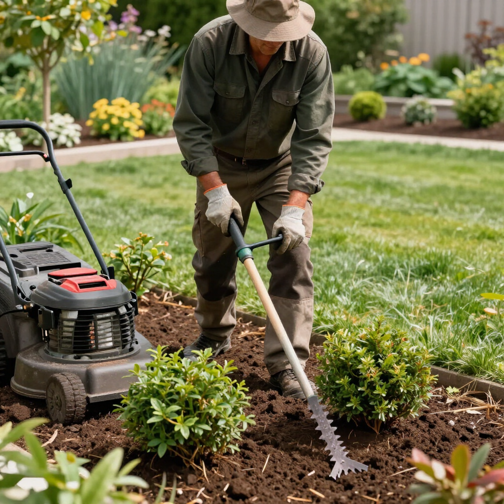 Gardener raking soil in a flower bed beside a lawn mower in a landscaped yard