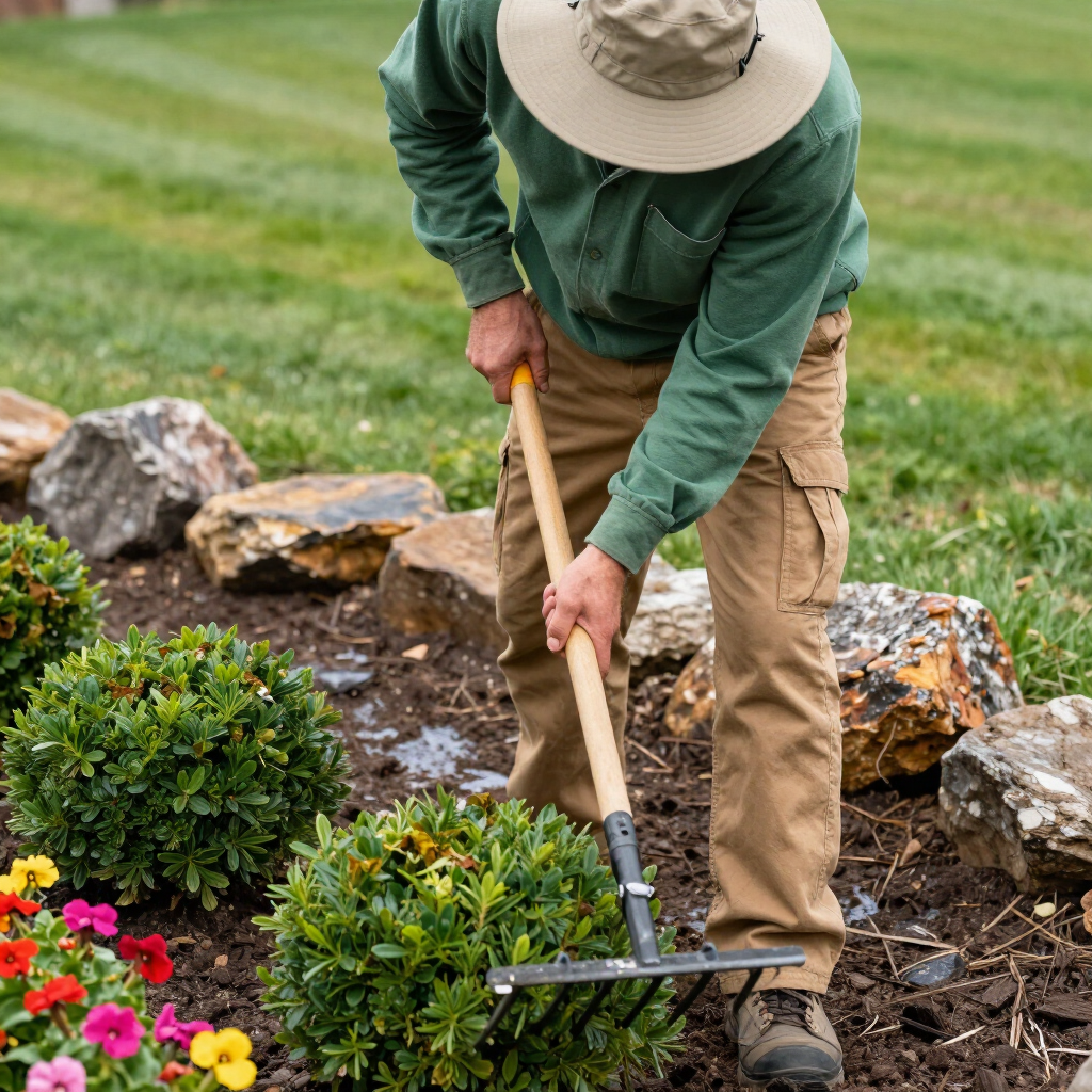 Gardener in a sun hat raking soil beside rocks and flowering shrubs in a landscaped garden