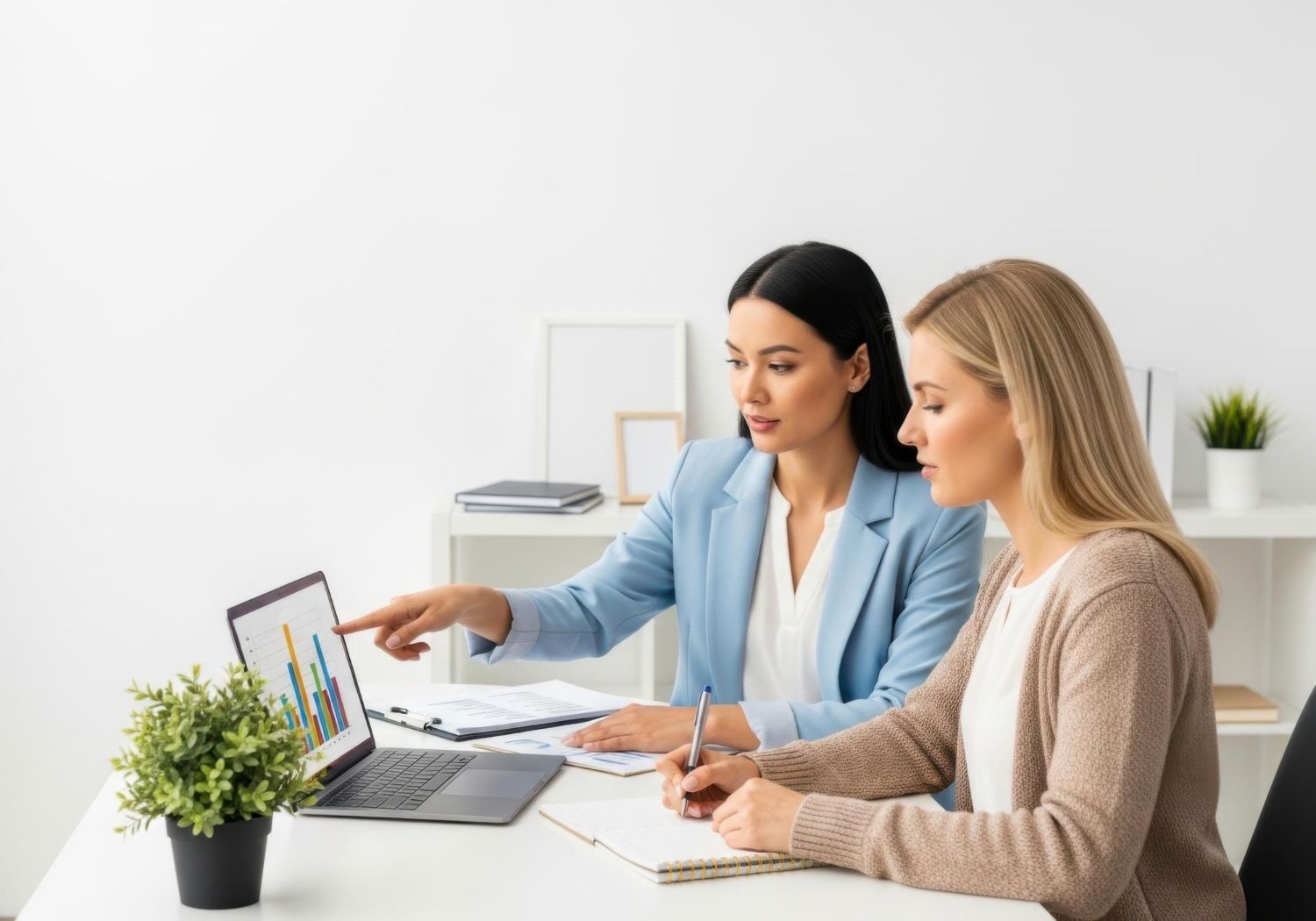 Two coworkers reviewing charts on a laptop at a desk in a bright office