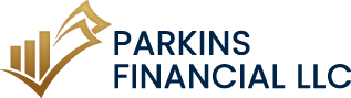 Parkins Financial LLC logo with gold upward bars and navy text on white background