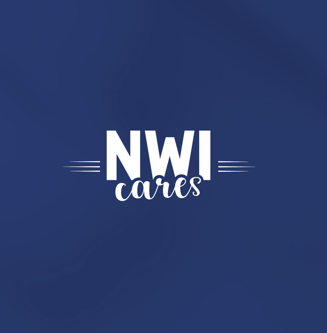 The logo for nwi cares is on a blue background.