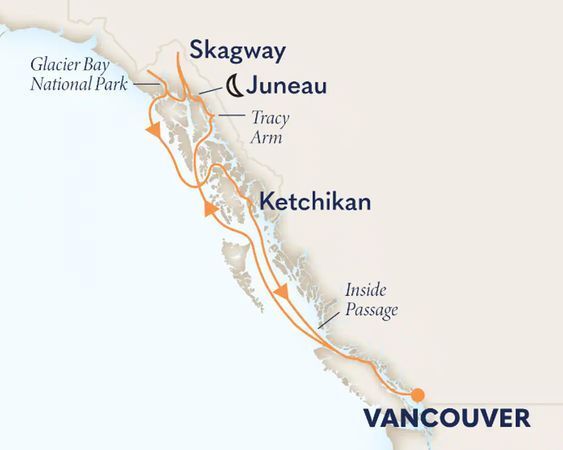 Map of the 7 day Alaska Inside Passage itinerary