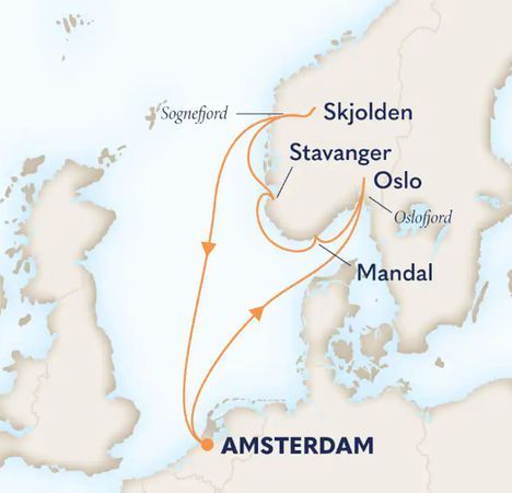 Map of the 7 day Norwegian Fjords itinerary