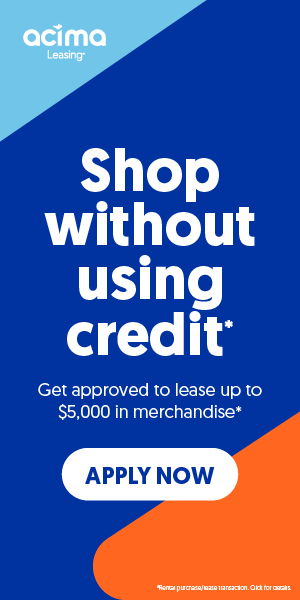 A blue and orange banner that says shop without using credit