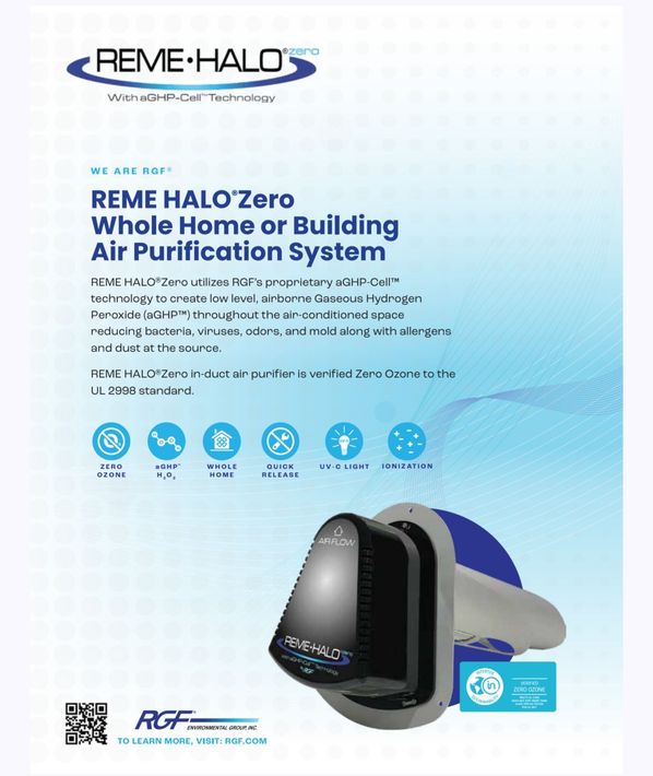 REME HALO air purification system ad with black wall-mounted unit on a blue background