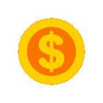 Gold coin with orange center, dollar sign.