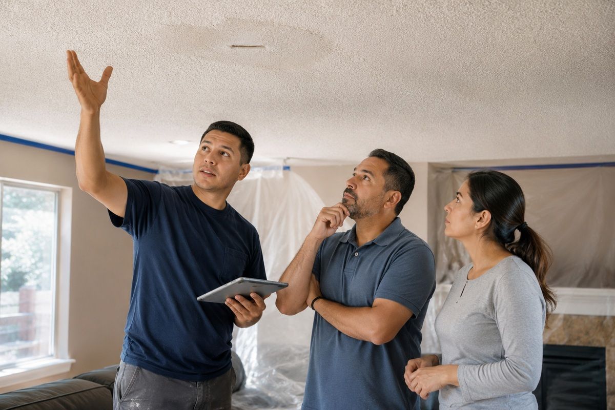 Drywall contractor inspecting a ceiling to prepare a restoration estimate in Tulare
