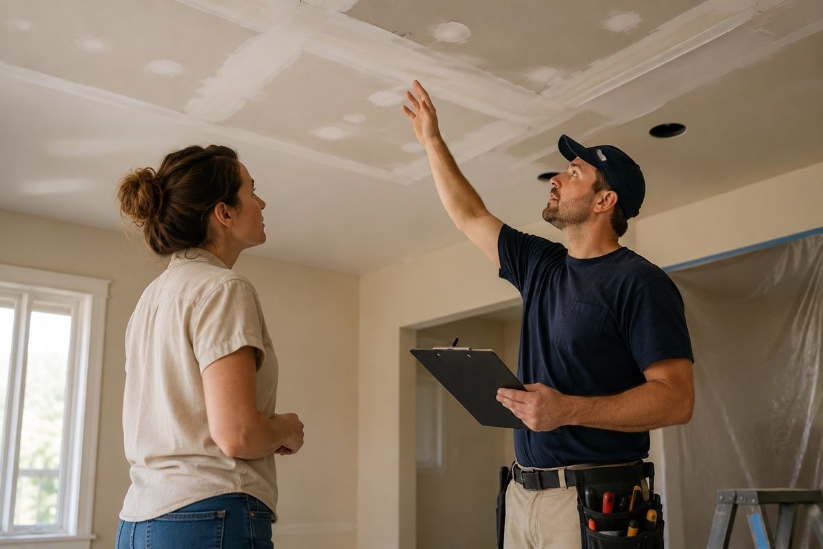 Contractor discussing drywall repairs with a homeowner in Tulare