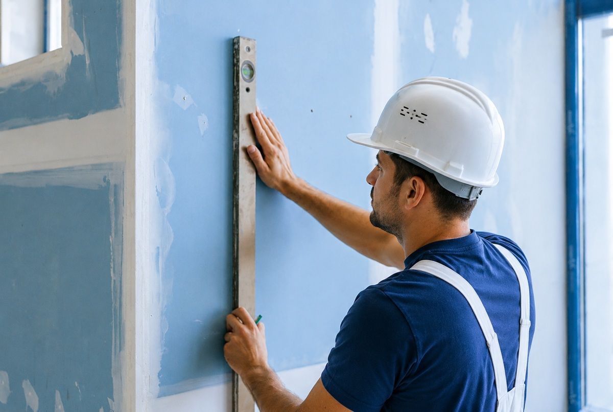 Technician inspecting drywall damage before preparing a repair estimate