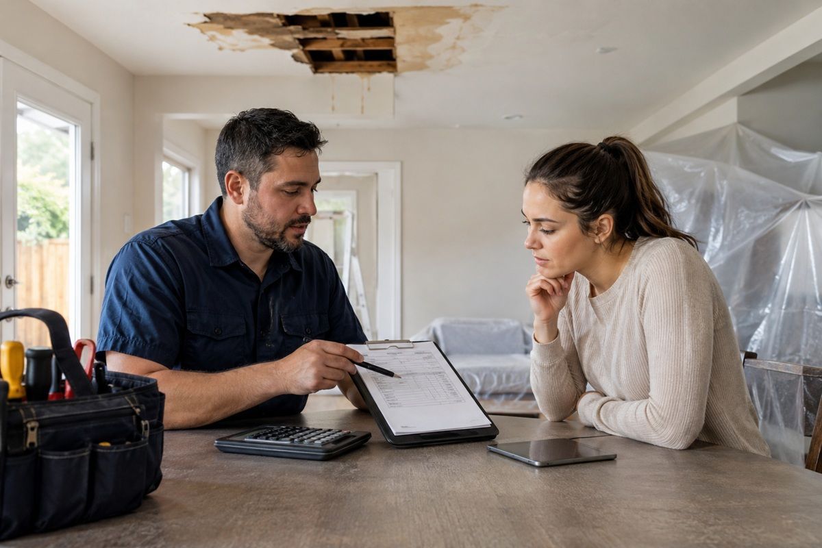 Contractor discussing drywall repair recommendations with a homeowner in Tulare, CA