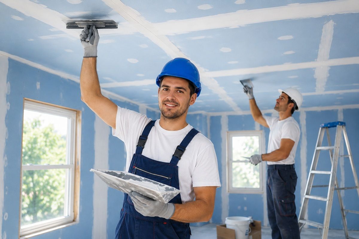 Drywall restoration crew working together on a ceiling project in Tulare