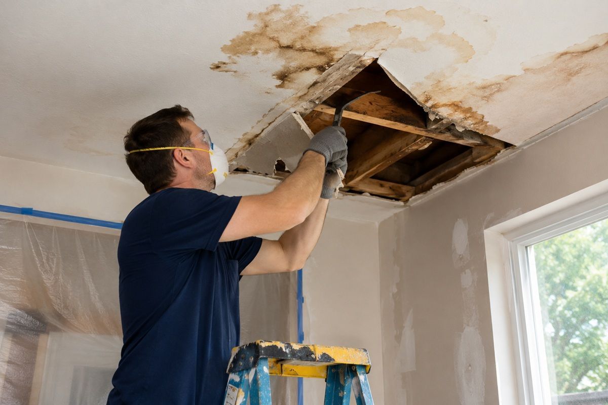 Drywall specialist repairing water-damaged drywall in Tulare, CA