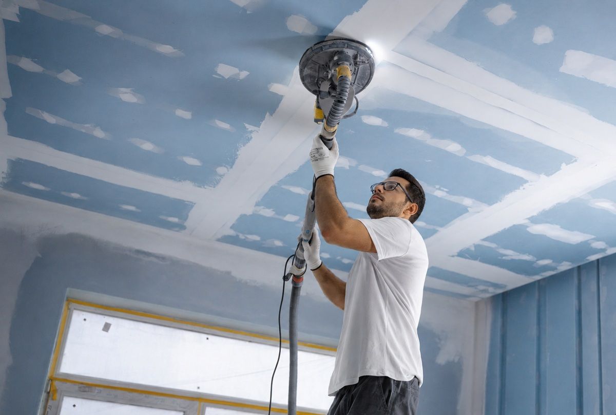 Drywall technician performing professional popcorn ceiling removal in Tulare, CA