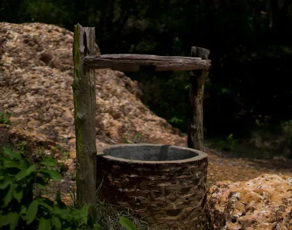 A stone-walled water well with a wooden frame stands in a shaded outdoor setting with scattered earth and foliage.