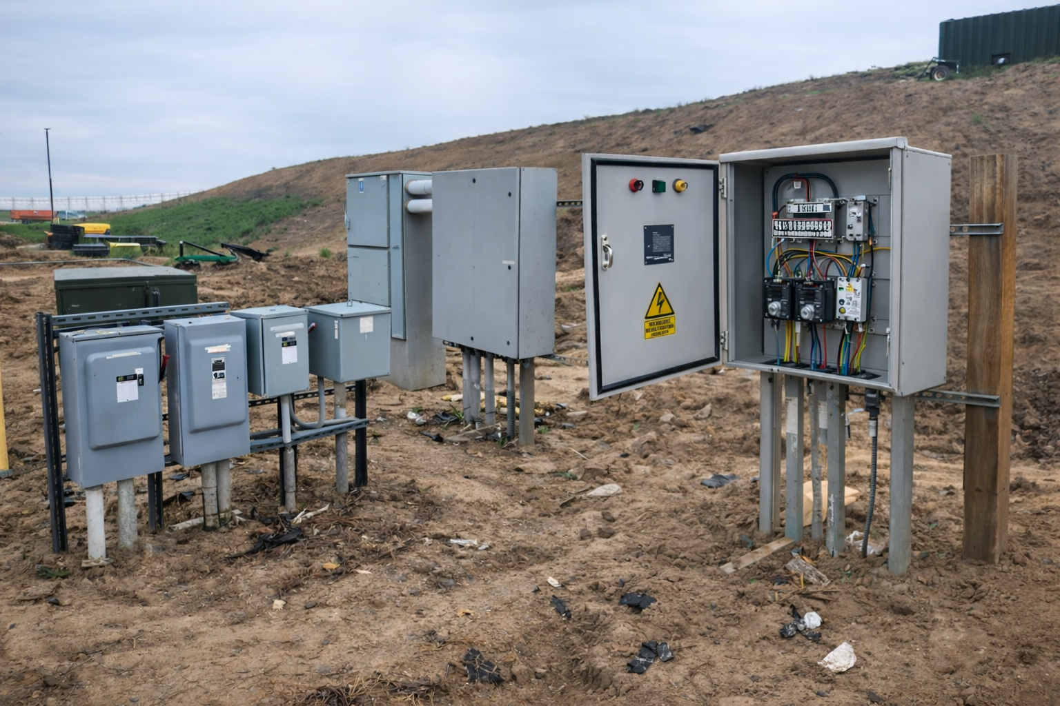 An electrician uses a tool to work on the wiring and circuit breakers inside a large industrial electrical control panel.
