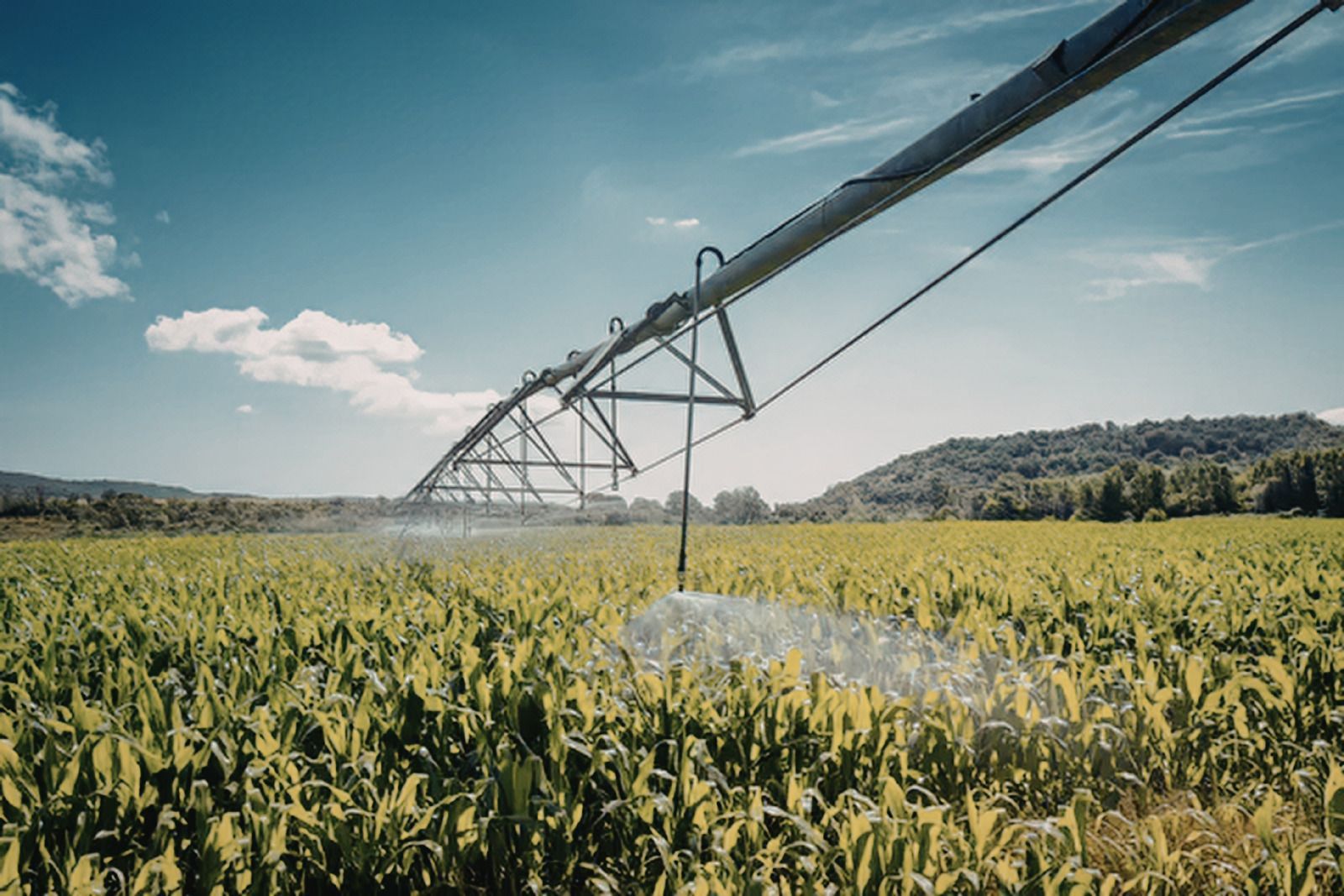 A center pivot irrigation system watering a green crop field under a bright blue sky.