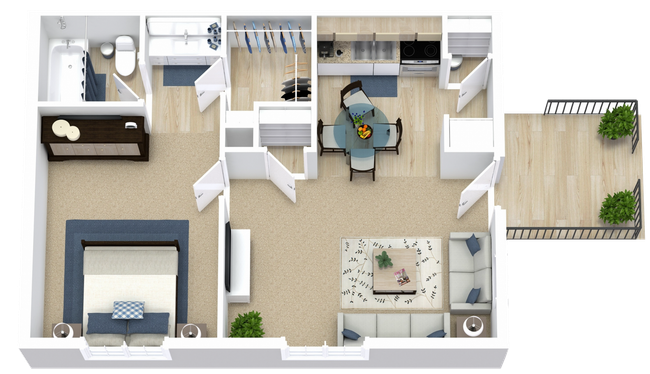 A 3d floor plan of a house with a bedroom , living room , dining room , and kitchen.