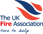Logo for The UK Fire Association: blue and red flames, text