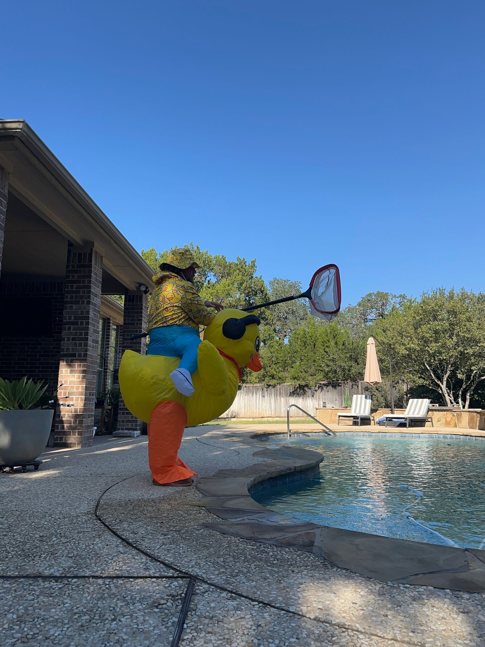 Person in a yellow duck costume holding a basketball near a backyard pool on a sunny day