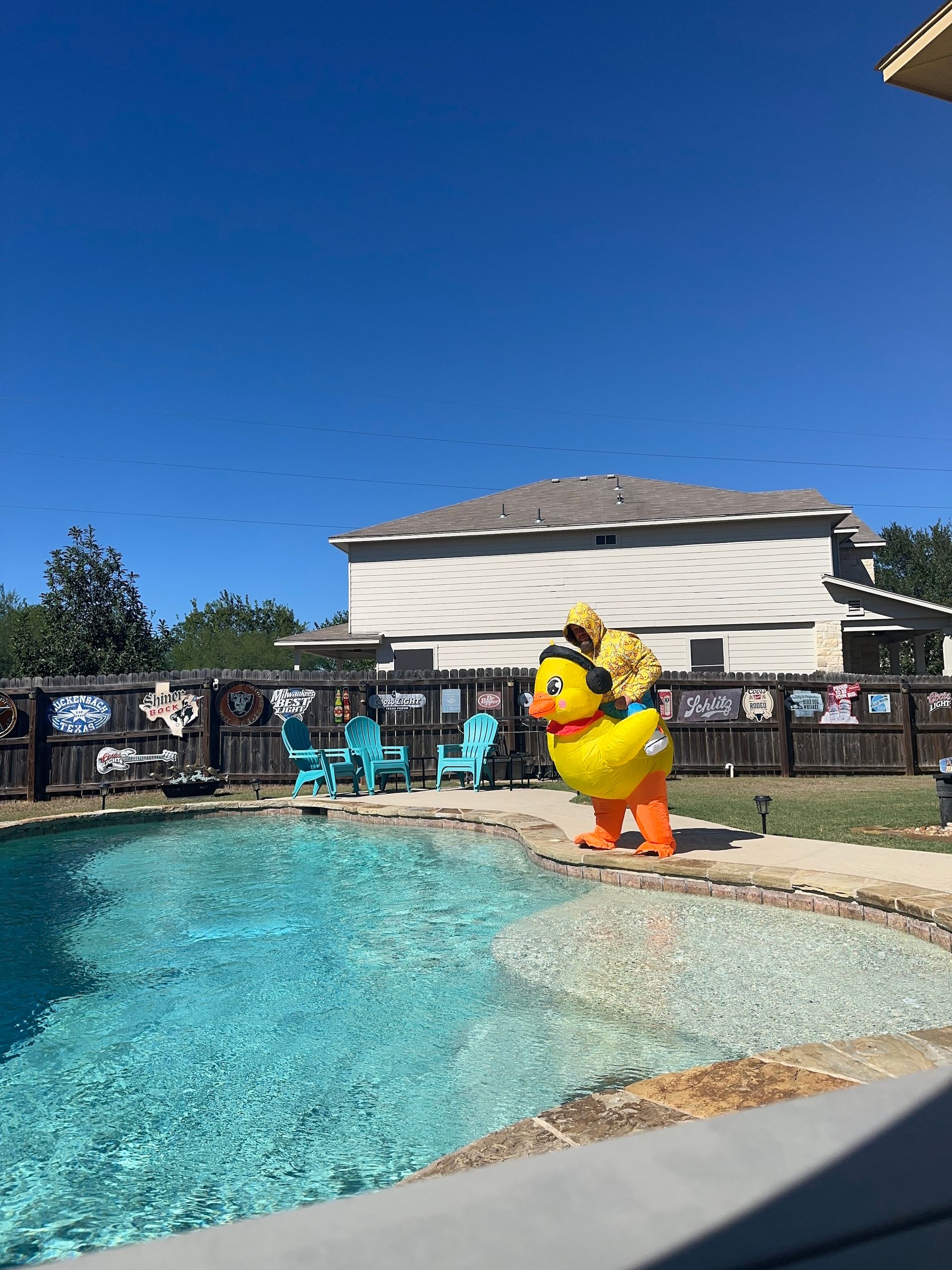 Bright yellow duck float by a backyard pool under a clear blue sky