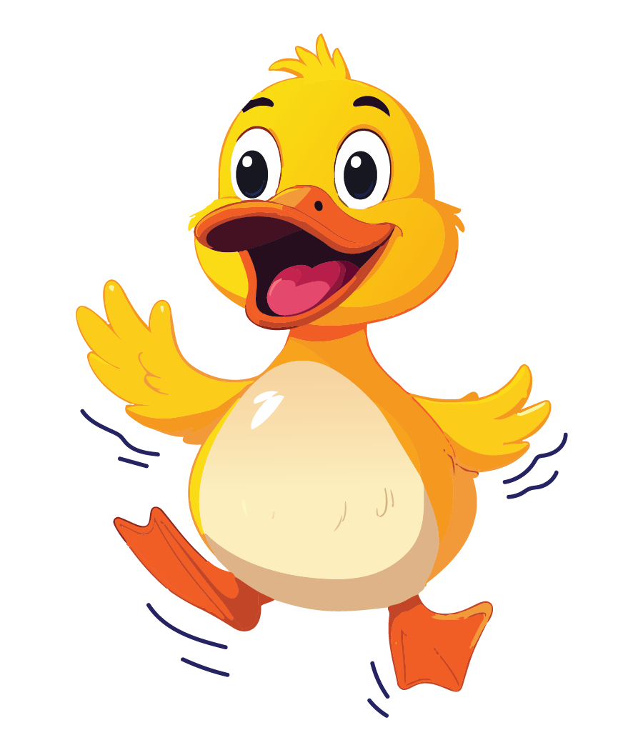 Cheerful yellow cartoon duck with orange beak and feet, wings outstretched as if dancing
