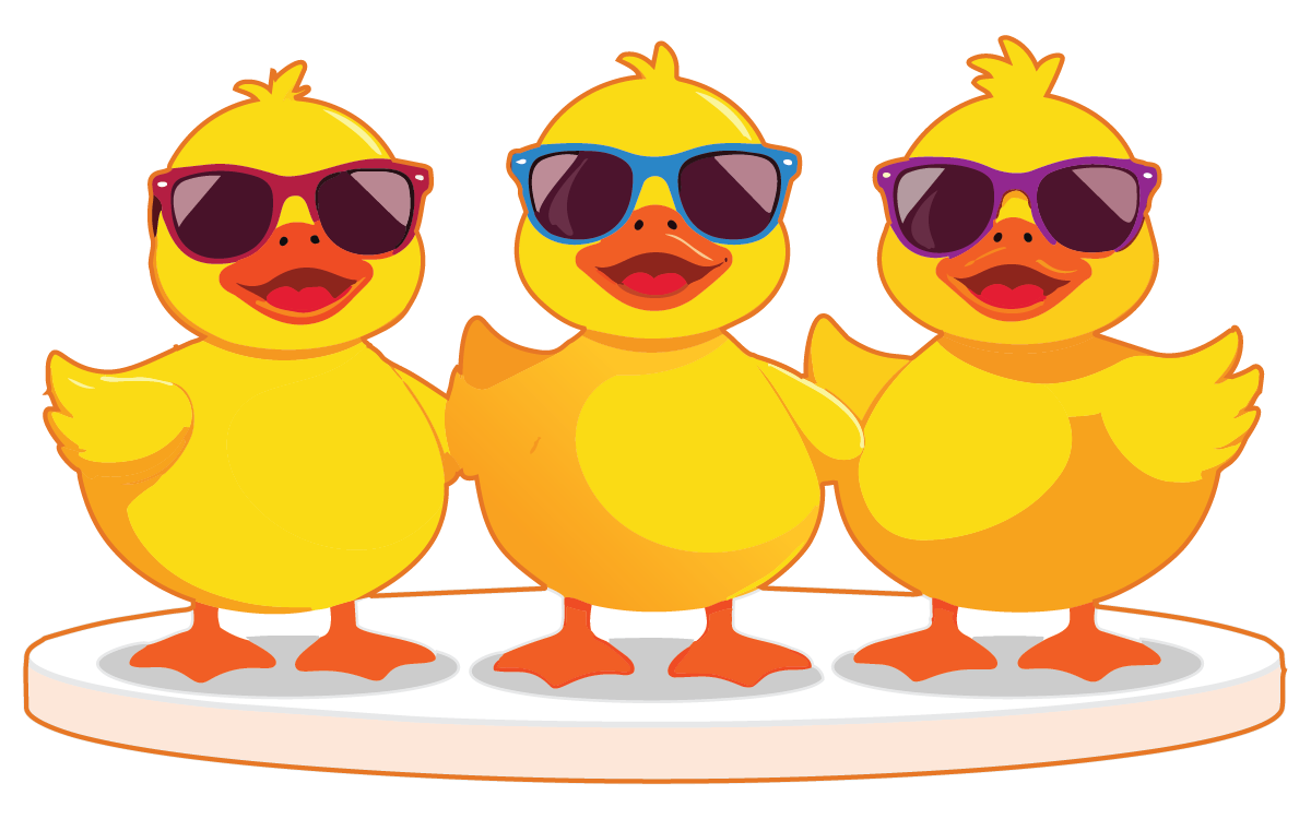 Three yellow chicks wearing sunglasses standing side by side on a white oval base.
