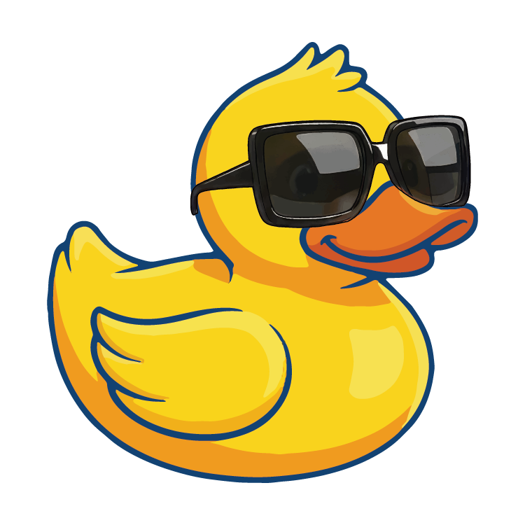 Yellow rubber duck wearing black sunglasses on a white background