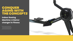 Marketing banner for Concept2 rowing machine, with bold yellow text and a rowing erg shown on gray background