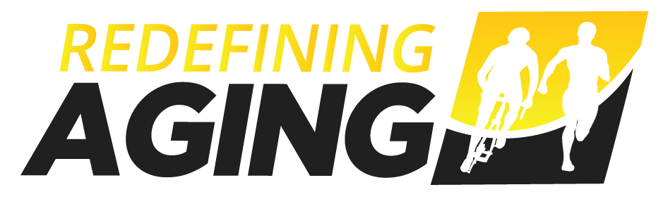 Redefining Aging logo with yellow and black text and a stylized walking senior silhouette