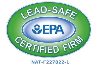 A lead safe certified firm logo that is green and blue