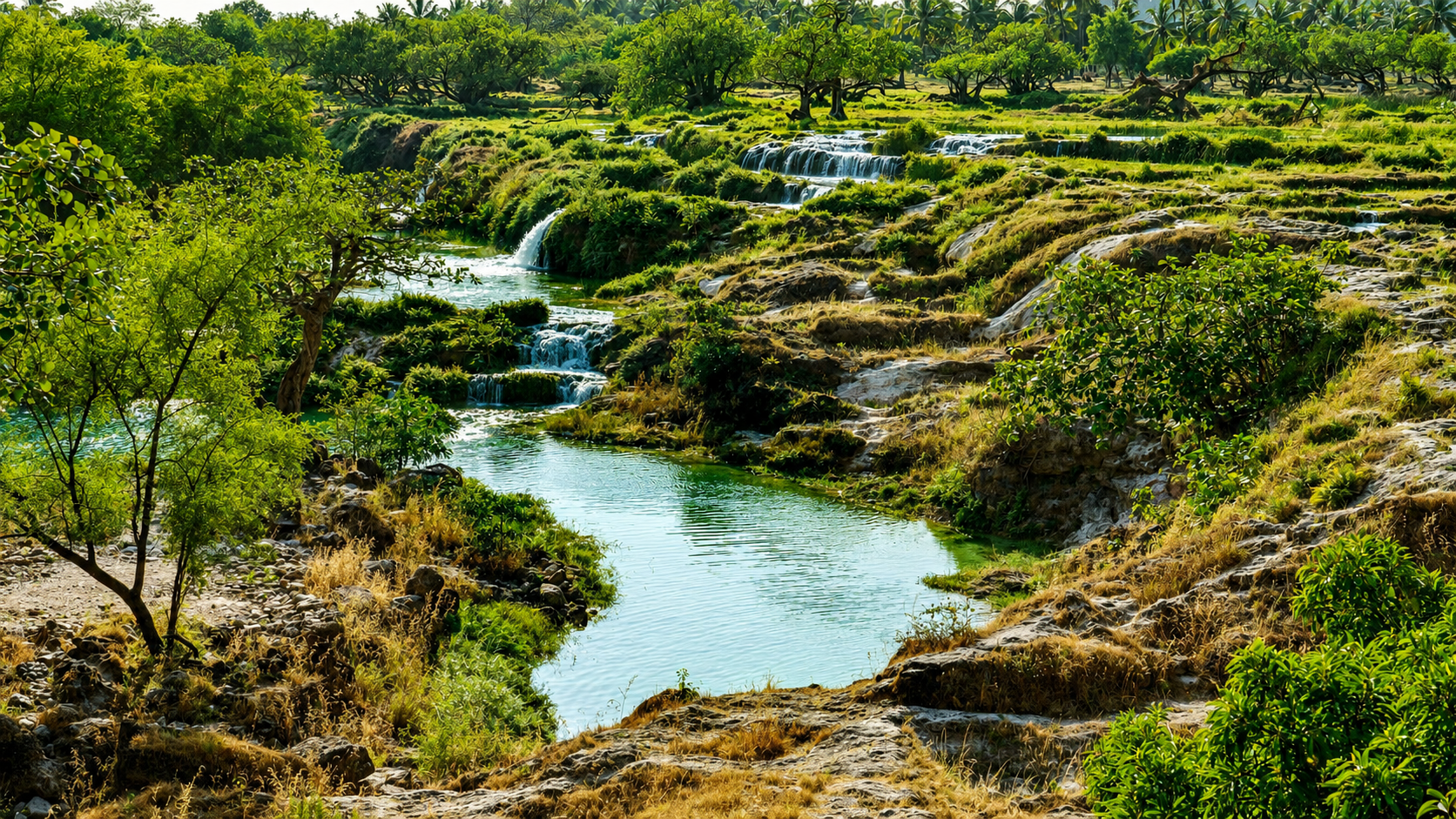 Cascading waterfalls flowing into turquoise pools at Wadi Darbat in Salalah, Oman during the lush Khareef season.