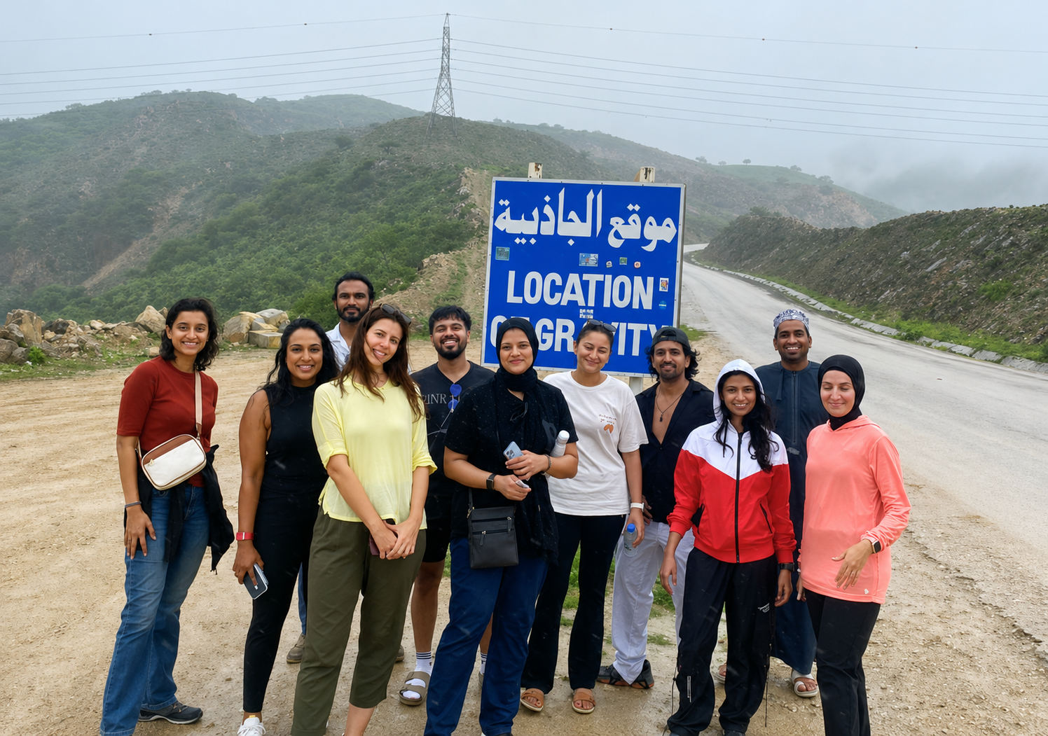 A group of people traveling with Arabian Wanderers to the anti-gravity point in Salalah