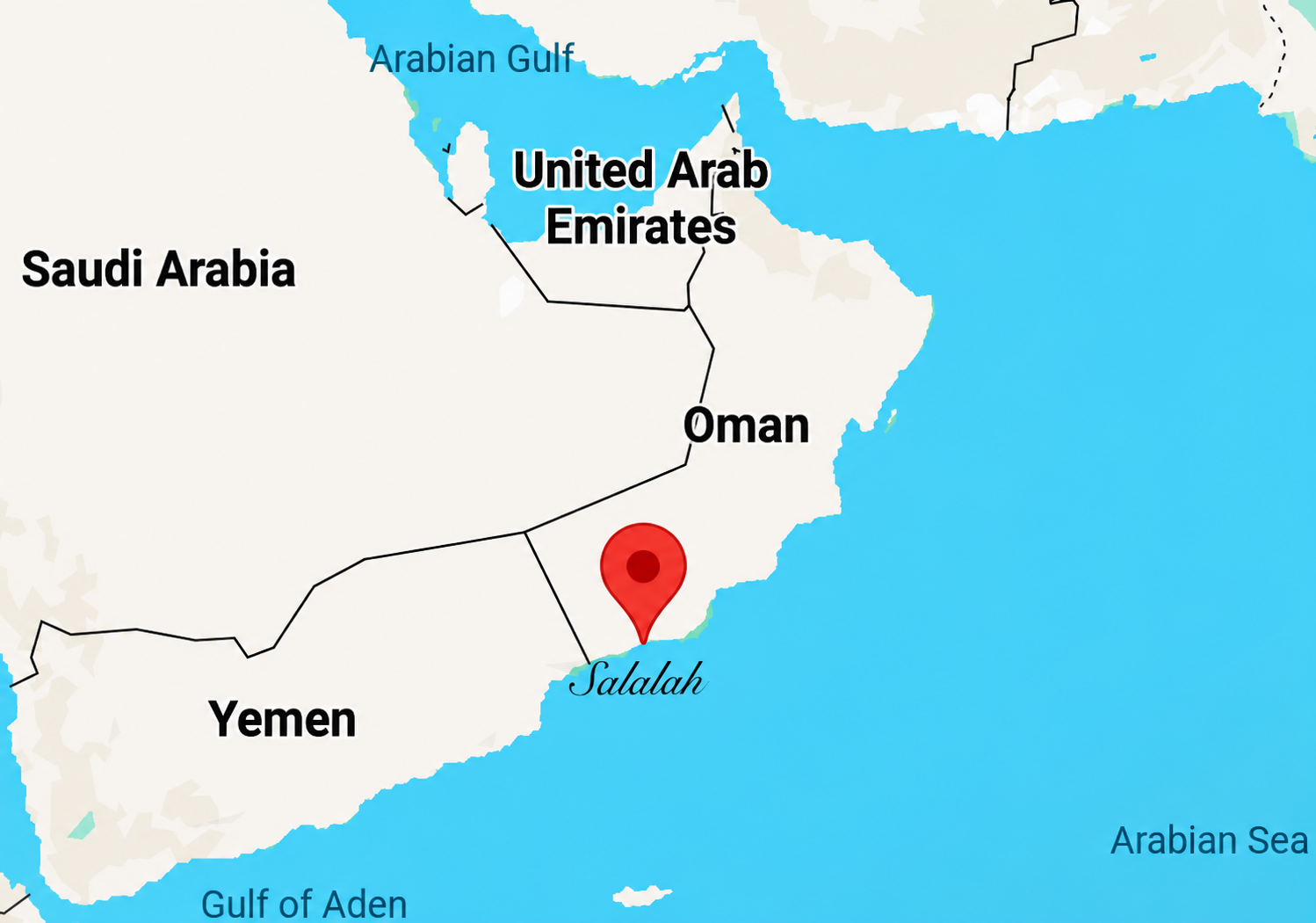 Map of the Arabian Peninsula showing a red location pin in eastern Yemen near Oman and the Gulf of Aden pointing to Salalah.