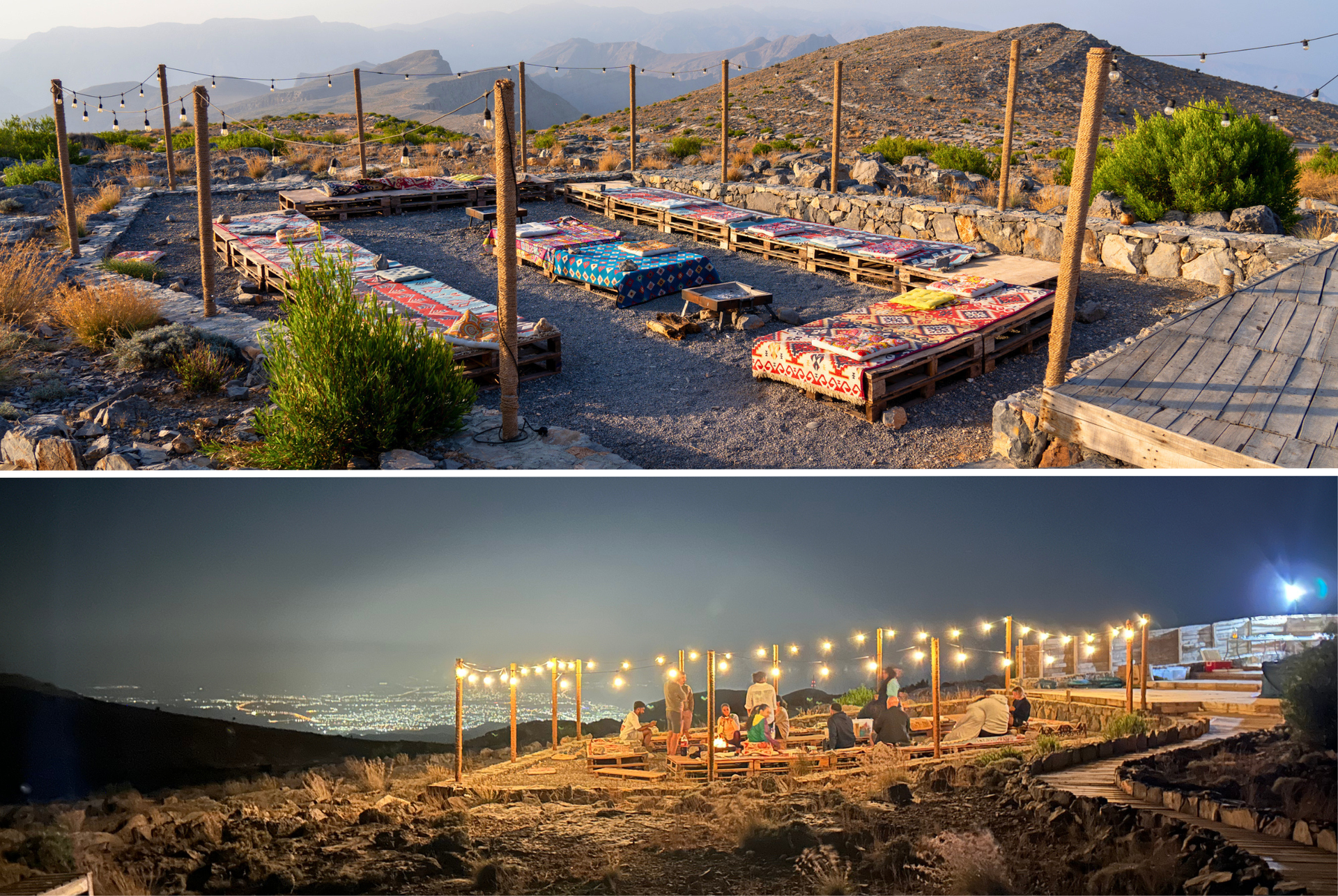 Panoramic outdoor dining area with string lights, wooden posts, and mountains at dusk and night in Camp 1770, Jebel Jais.