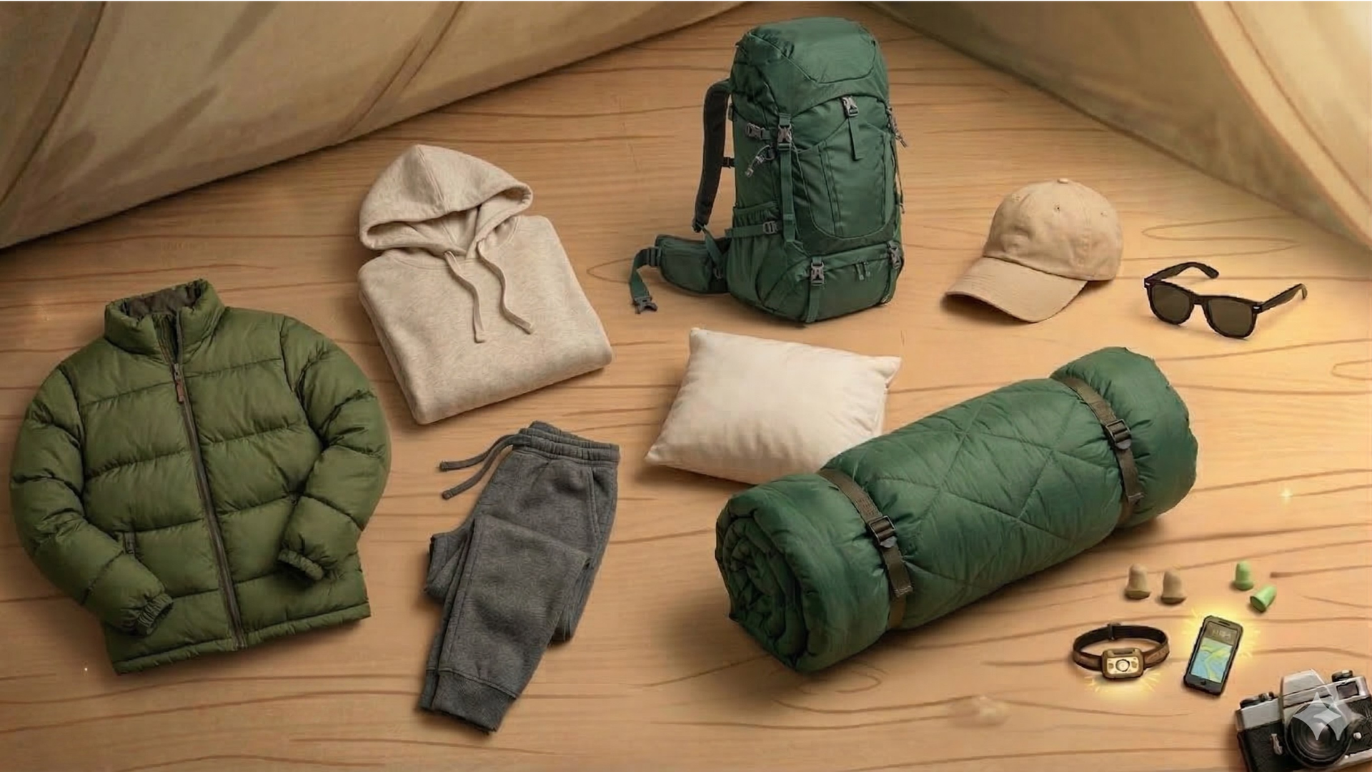 Camping gear laid out on a wooden floor: jackets, bags, shoes, hat, sunglasses, and accessories.