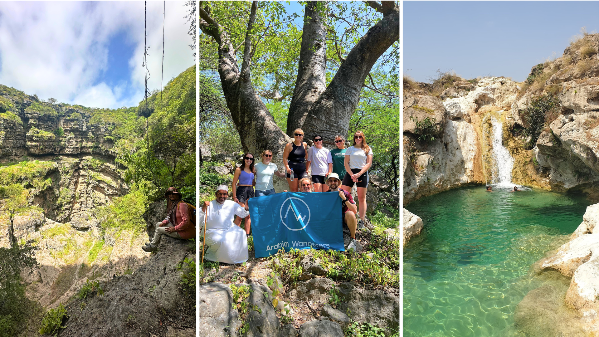 Collage of a lush canyon trail, a group by a tree, and a clear turquoise waterfall pool in Salalah.