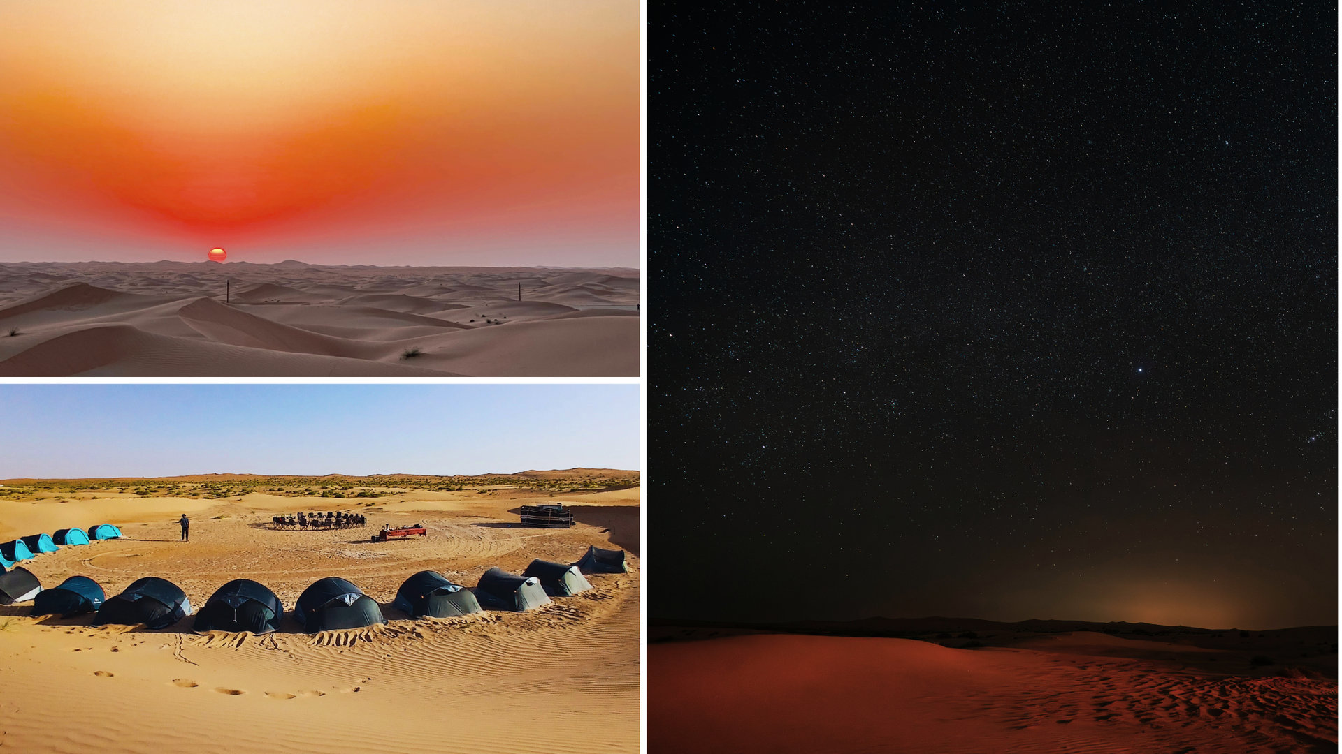 Desert scenes: sunrise over dunes, a row of tents, and a starry night sky above red sand in Al Quaa.
