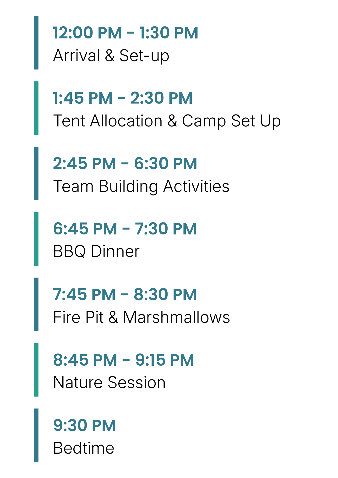 Vertical camp schedule with times for arrival, tent setup, team activities, dinner, fire pit, nature session, and bedtime.