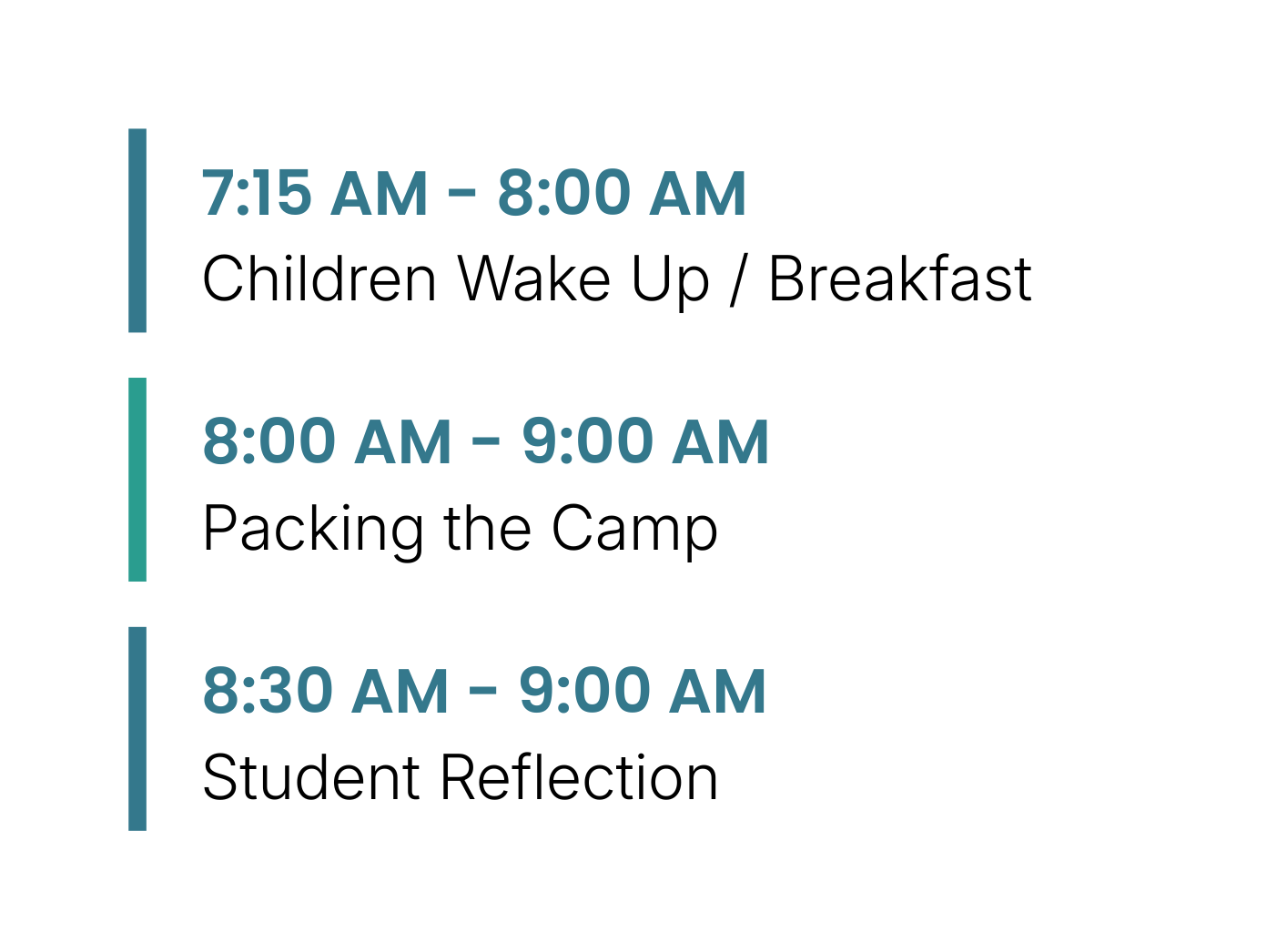 Schedule listing: 7:15–8:00 AM children wake up/breakfast, 8:00–9:00 AM packing camp, 8:30–9:00 AM student reflection