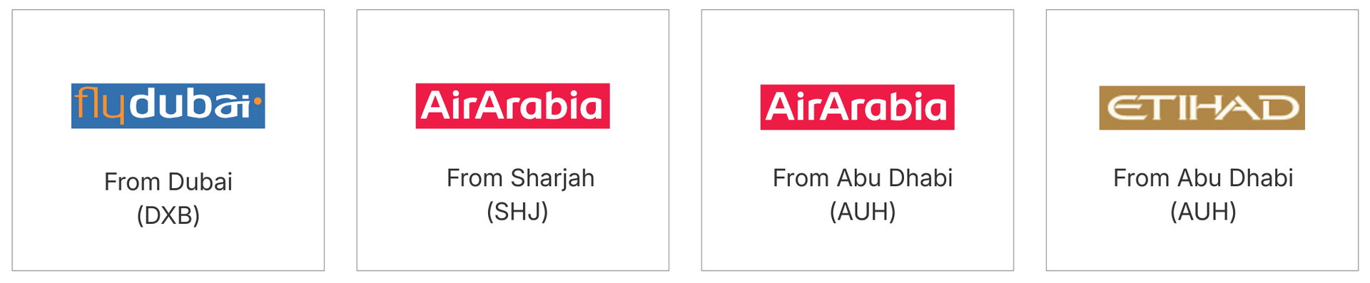 Four airline logos on white backgrounds, including Air Arabia and Etihad, arranged in a row.