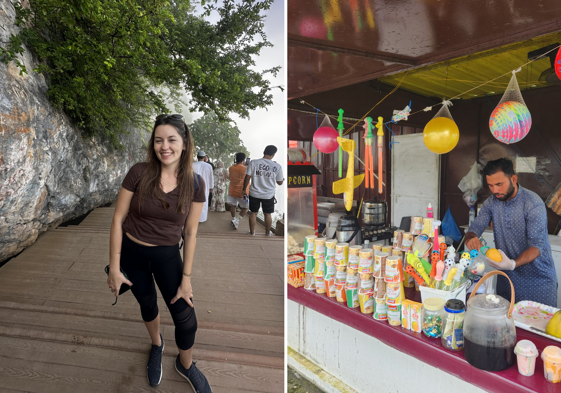 Woman smiling on a walkway by a rocky wall and a colorful drink stall with hanging lanterns in Salalah with Arabian Wanderers