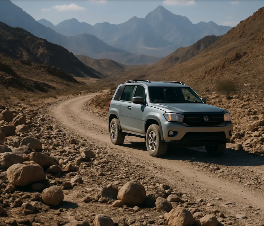 Silver SUV on a winding dirt road through a rocky mountain valley