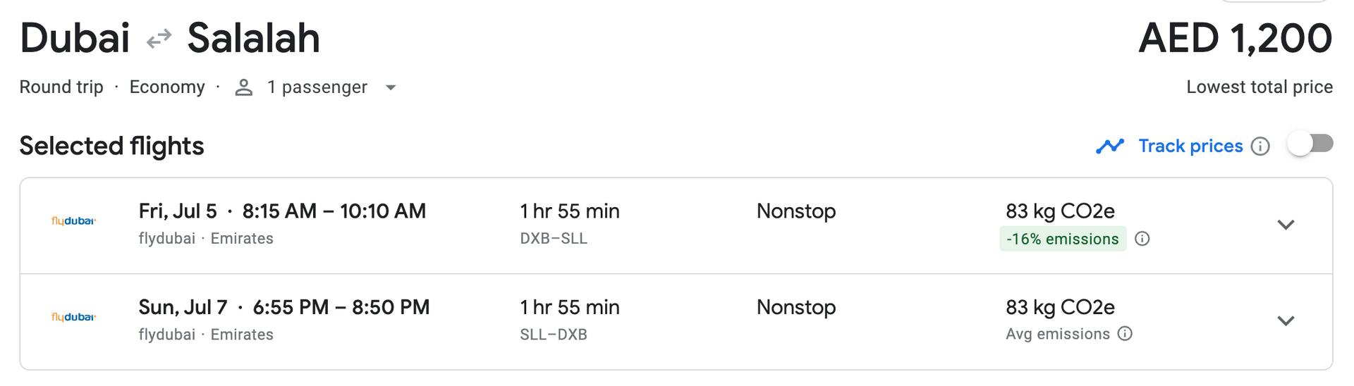 Dubai to Salalah flight search results showing AED 1,203 fares and two nonstop options