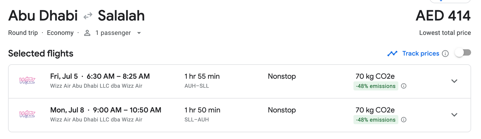 Flight search results for Abu Dhabi to Salalah showing two options and fare total AED 4142