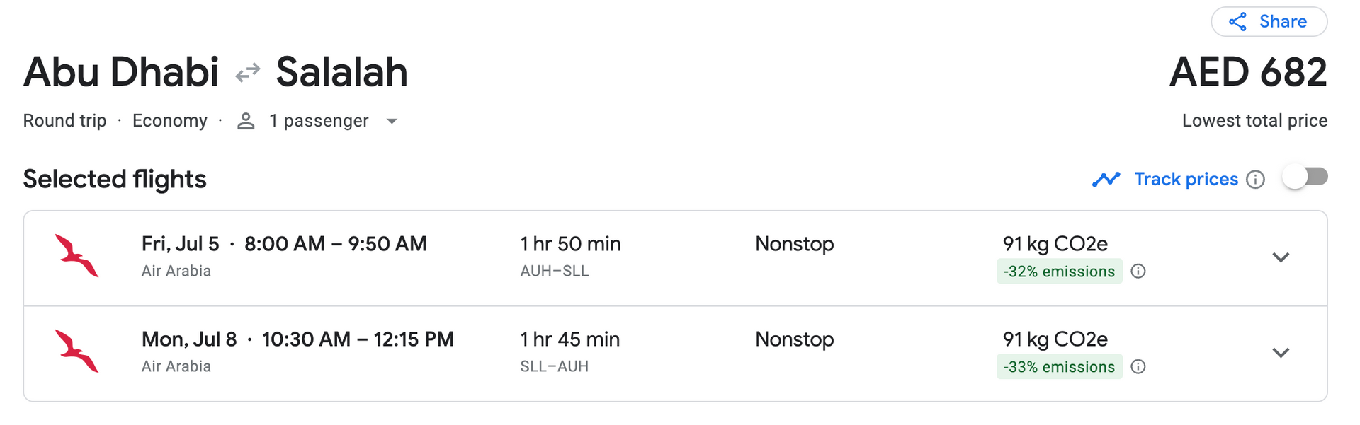 Flight search results for Abu Dhabi to Salalah, showing two red-priced options and AED 682 total