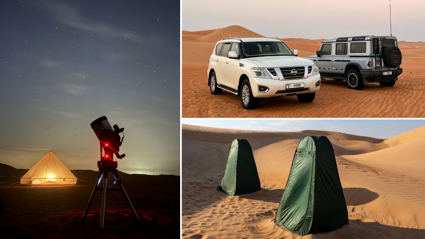 Arabian wanderers glamping experience includes meals, a shared seating area, toilets and 4x4 transfers from the meeting point into the desert. Guides are on hand during the experience. City transport and a guided telescope session can be arranged as extras; check your chosen package.