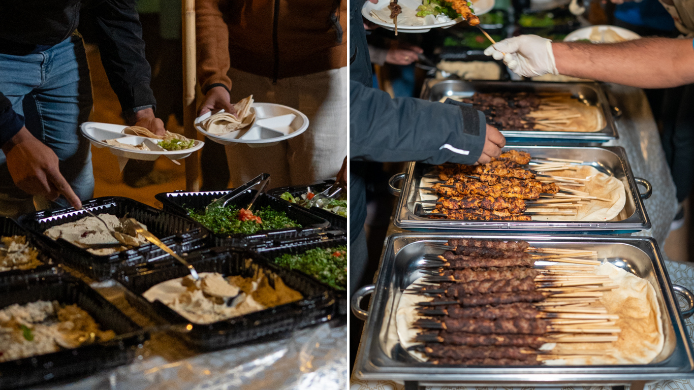Arabian Wanderers serve a Lebanese-style buffet with a live BBQ, fattoush, tabbouleh, hummus and baba ganoush in al quaa glamping trip