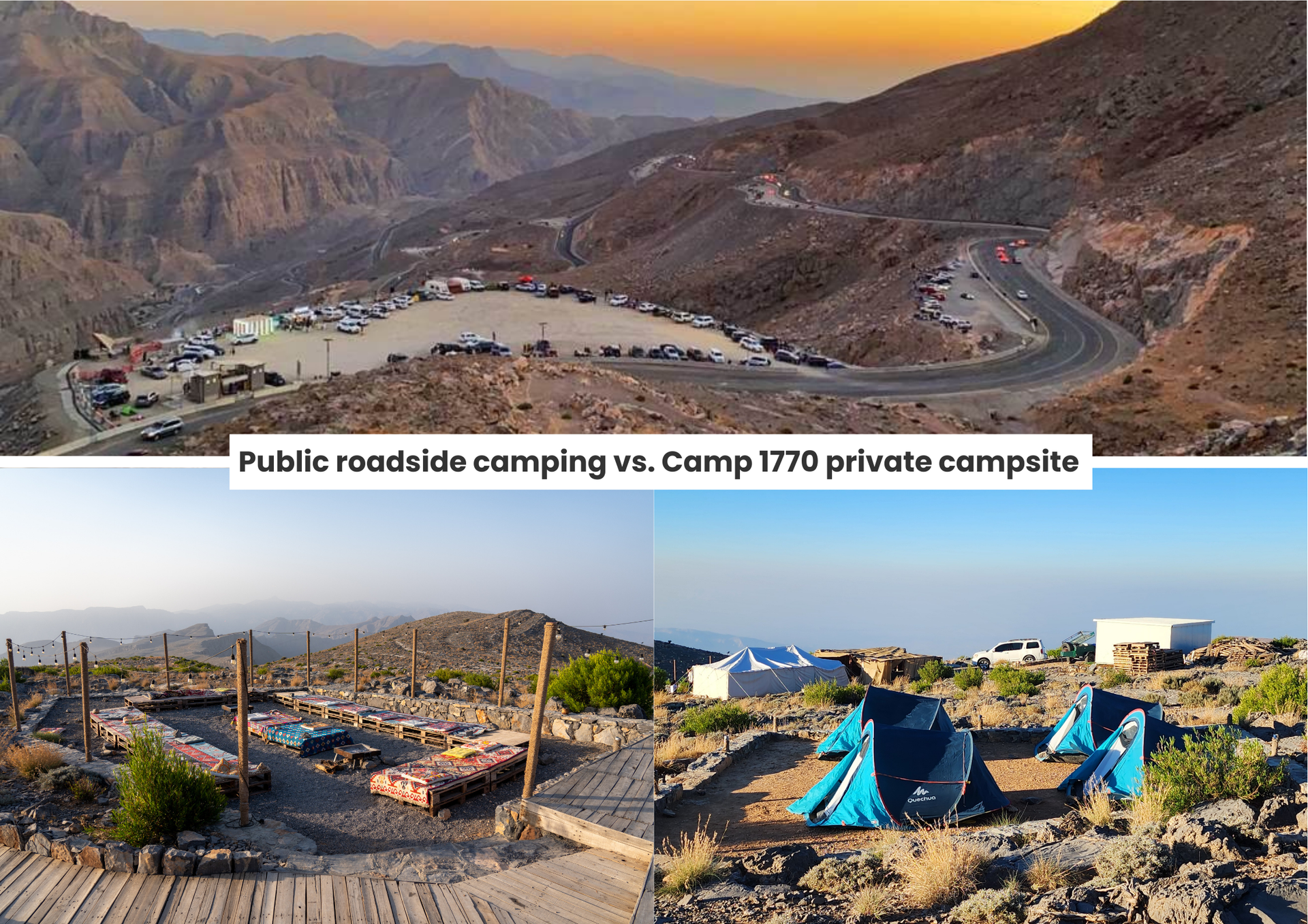 Roadside camping comparison: public pullout at sunset above a private campsite with tents and poles below in Jebel Jais