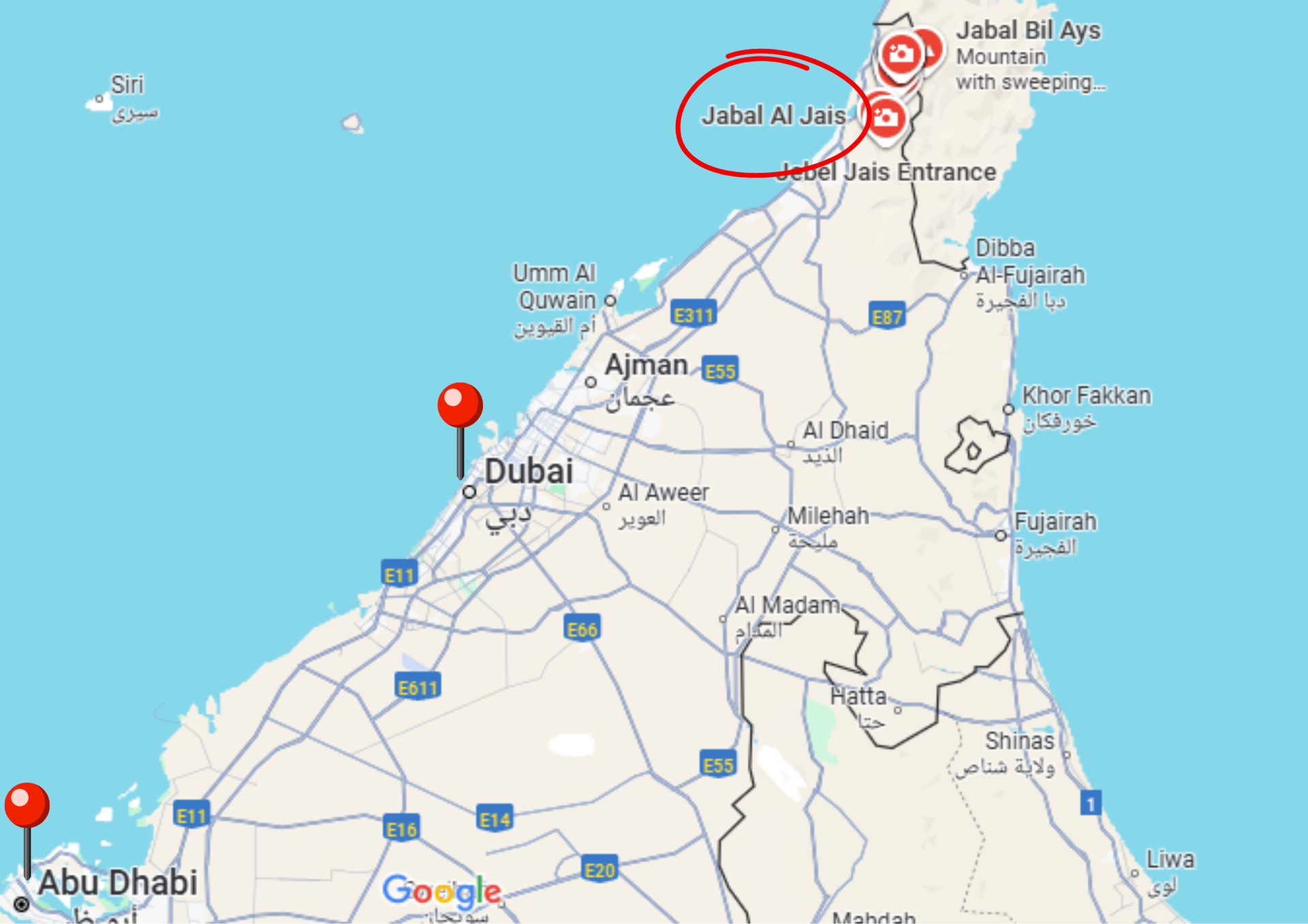 Map of the UAE coastline with red pins and a red-circled location near Ras Al Khaimah.