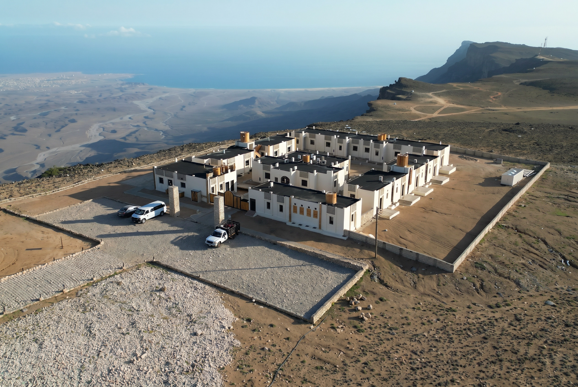 Drone footage of above the clouds hotel in Jebel Samhan.